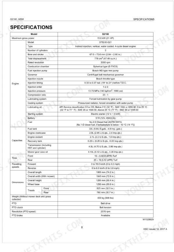Kubota G2160, G2160-R48S, G2460G specifications table for engine, capacities, tires, speeds, dimensions, and PTO.