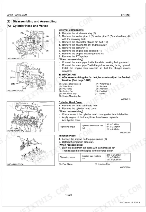 Kubota G21LD, G21HD engine cylinder head, valves, external components, and injection pipe disassembly and torque specs.