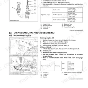 Kubota G23, G26 engine nozzle holder exploded view, torque specs, and oil draining and capacity procedures.