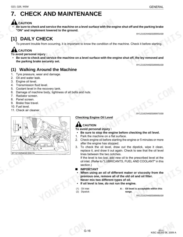 Kubota G23, G26 daily check and maintenance procedures including engine oil level dipstick inspection diagram.