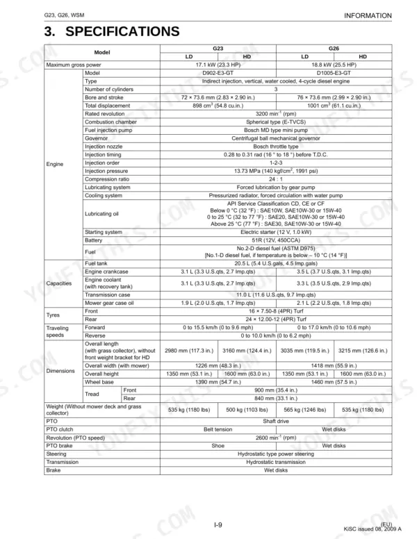 Kubota G23, G26 technical specifications table including engine, capacities, dimensions, and performance data.