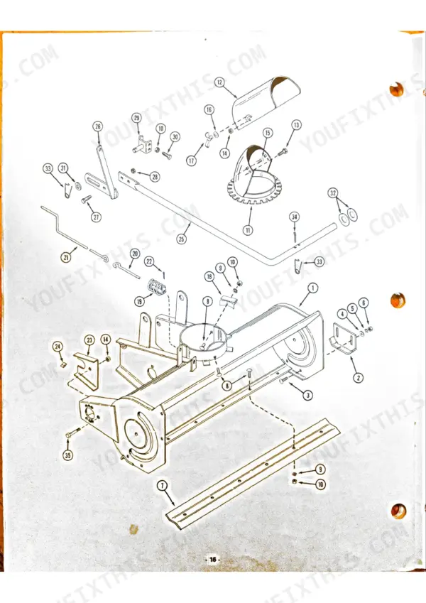 Kubota G2500, G2505 exploded view of snow blower housing, discharge chute, and adjustment linkage components.