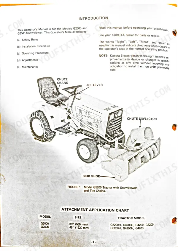 Kubota G2500, G2505 snowblower operator manual introduction, tractor diagram with chute crank, lift lever, and application chart.