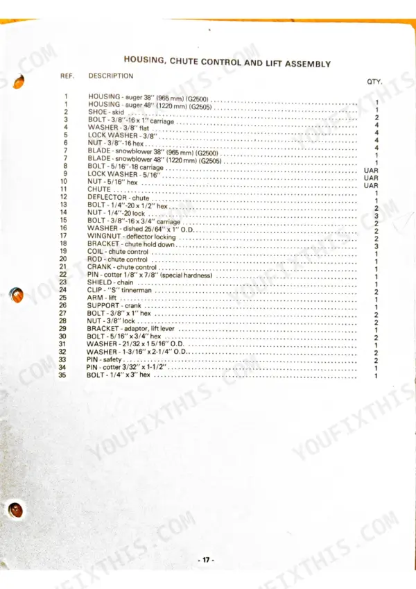Kubota G2500, G2505 parts list for housing, chute control, and lift assembly components.