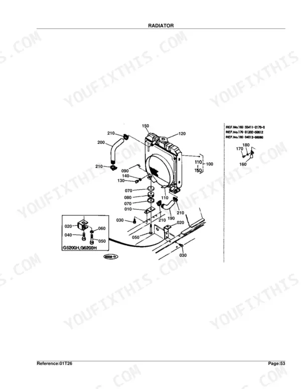 Kubota G4200H radiator exploded view diagram showing hoses, mounts, and hardware components for cooling system.