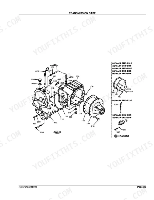 Kubota G4200H exploded view diagram of the transmission case assembly with numbered component reference parts list.