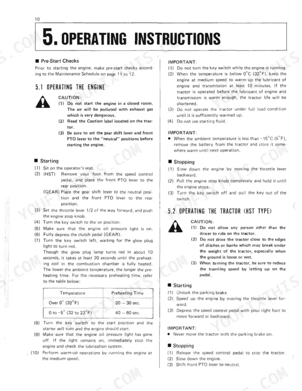 Kubota G6200H, G5200H, G4200H, G4200, G3200 operating instructions, engine starting, stopping, and HST tractor operation procedures.