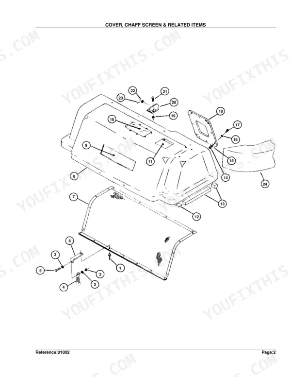Kubota GC54G exploded view diagram of the engine cover, chaff screen, and related mounting hardware components.