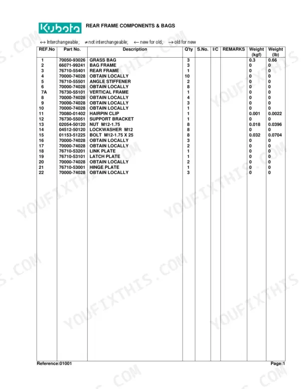 Kubota GC54G parts list for rear frame components and grass bags, including part numbers, descriptions, and quantities.