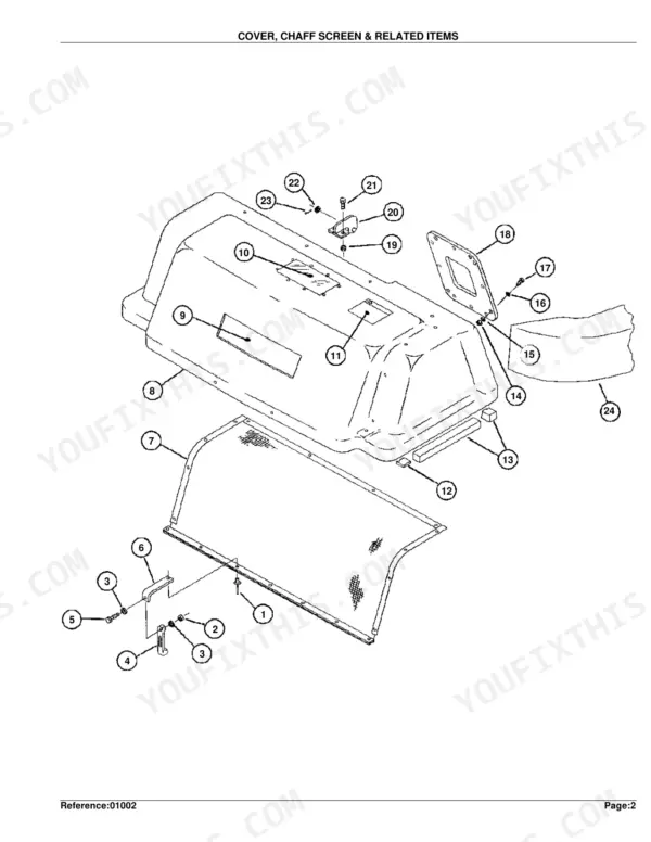 Kubota GC60B exploded view diagram of the engine cover, chaff screen, and related mounting hardware components.
