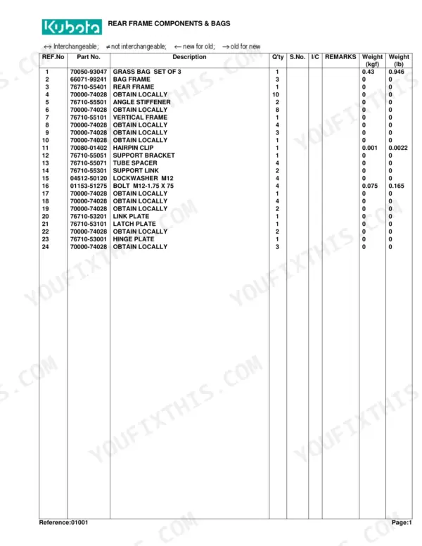 Kubota GC60B parts list for rear frame components and grass bag, including part numbers, descriptions, and quantities.