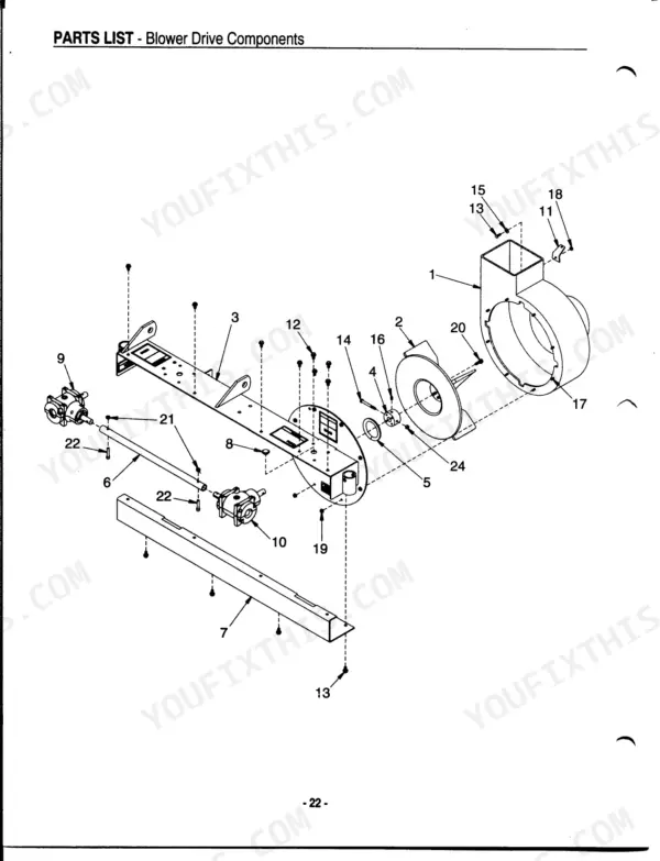 Kubota GCK60-BX exploded view parts list for blower drive components including housing, impeller, and gearboxes.