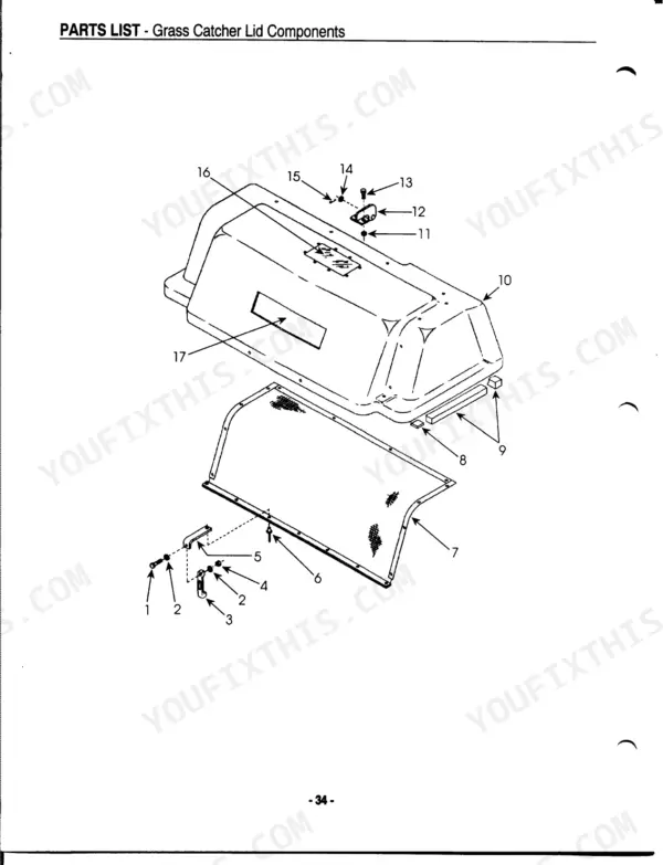 Kubota GCK60-BX exploded view diagram of grass catcher lid components including hinges, latches, and mounting hardware.