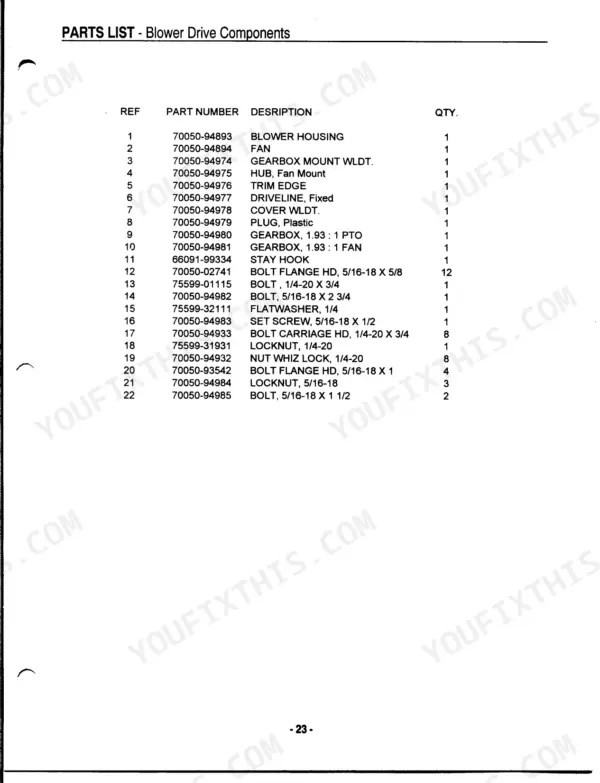 Kubota GCK60-BX parts list table for blower drive components including housing, fan, gearboxes, and hardware.