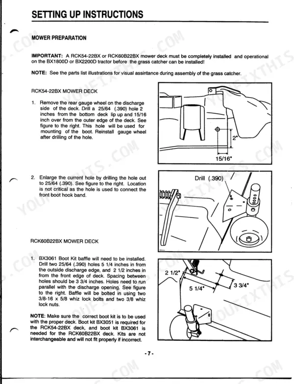 Kubota GCK60-BX grass catcher installation procedures for RCK54-22BX and RCK60B22BX mower decks with drilling diagrams.