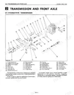 Kubota GF1800, GF1800E exploded view of the hydrostatic transmission assembly with numbered component parts list.