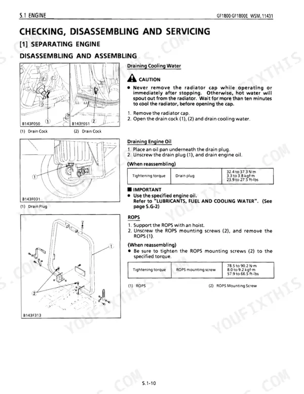 Kubota GF1800, GF1800E engine service procedures for draining cooling water, engine oil, and ROPS removal with torque specs.