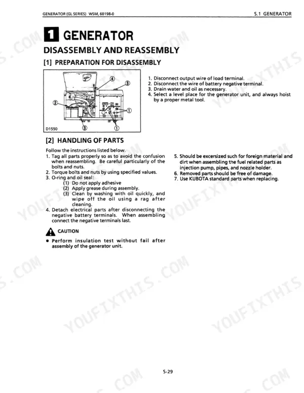 Kubota GL3500, GL4500, GL4500-S, GL5500, GL5500-S, GL6500-S generator disassembly preparation and parts handling procedures.