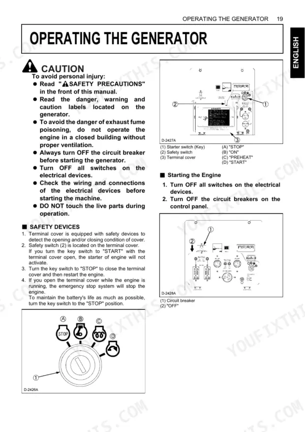 Kubota GL6000-STD to GL11000-STD generator operating instructions, safety devices, starter switch positions, and control panel diagrams.