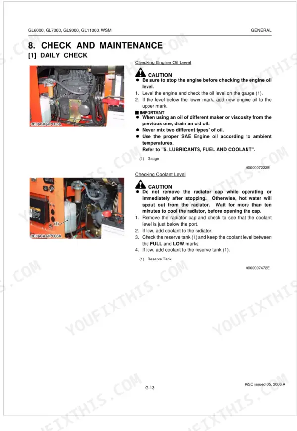 Kubota GL6000, GL7000, GL9000, GL11000 daily maintenance procedures for checking engine oil and coolant levels.