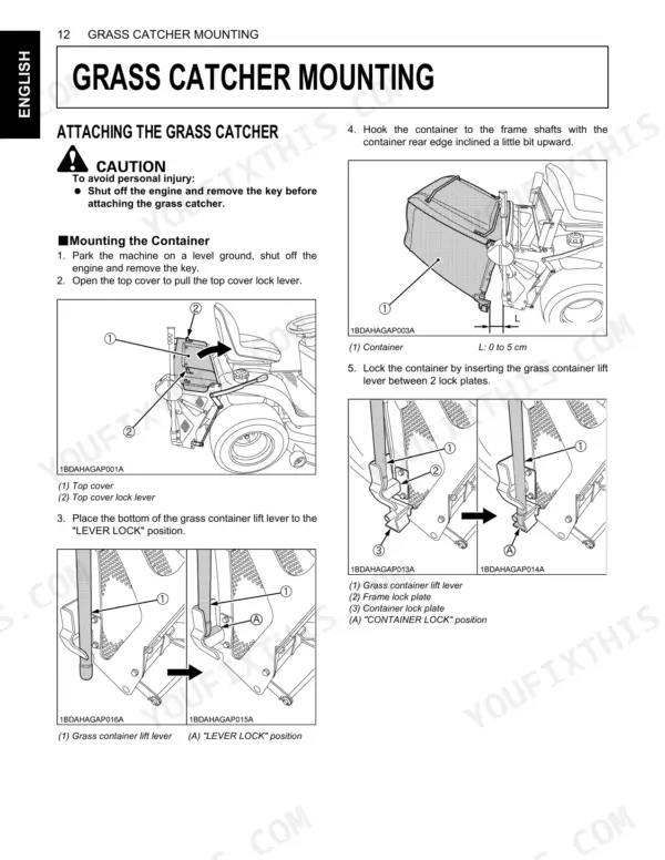 Kubota GR1600-II, GR2100-II grass catcher mounting procedure diagrams, showing container, lift lever, and lock plate steps.