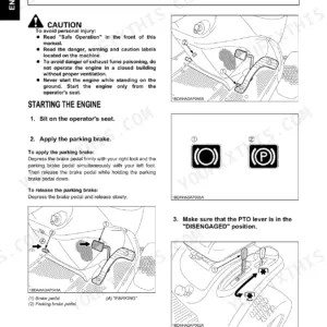 Kubota GR1600-II, GR2100-II engine starting procedure, parking brake operation, and PTO lever engagement diagrams.