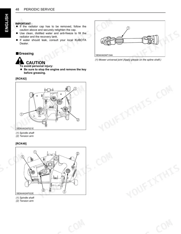 Kubota GR1600-II, GR2100-II periodic service guide for greasing mower universal joints, RCK42 and RCK48 spindle shafts.