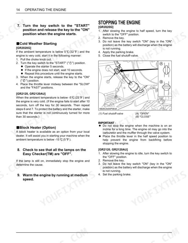 Kubota GR2020G, GR2120, GR2120AU engine starting, cold weather procedures, and fuel shutoff-valve operation diagram.