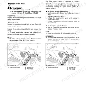 Kubota GR2020G, GR2120, GR2120AU operating instructions for speed control pedal and cruise control device.
