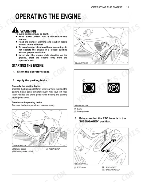 Kubota GR2020G, GR2120, GR2120AU engine starting procedure, parking brake operation, and PTO lever disengagement guide.