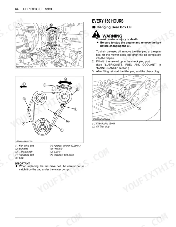 Kubota GR2020G, GR2120, GR2120AU periodic service guide for changing gear box oil and adjusting the fan drive belt.