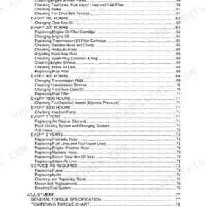 Kubota GR2020G, GR2120, GR2120AU service manual table of contents for maintenance intervals and service procedures.