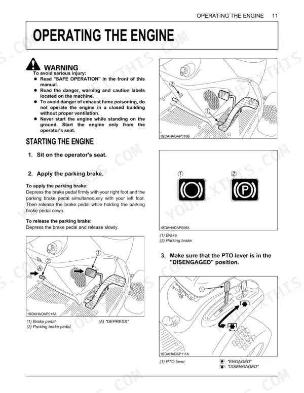 Kubota GR2020G, GR2120, GR2120AU engine starting procedure, parking brake operation, and PTO lever control diagrams.