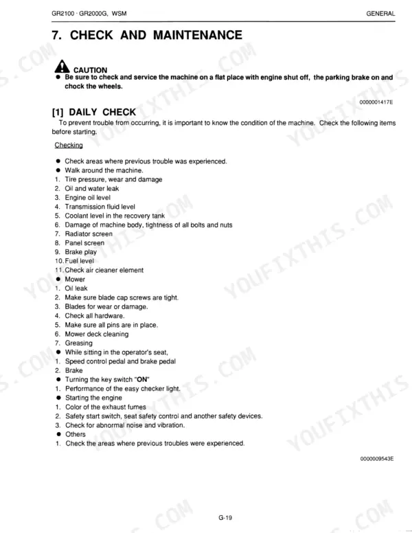 Kubota GR2100, GR2000G daily check and maintenance procedure list for mower, engine, and safety systems.