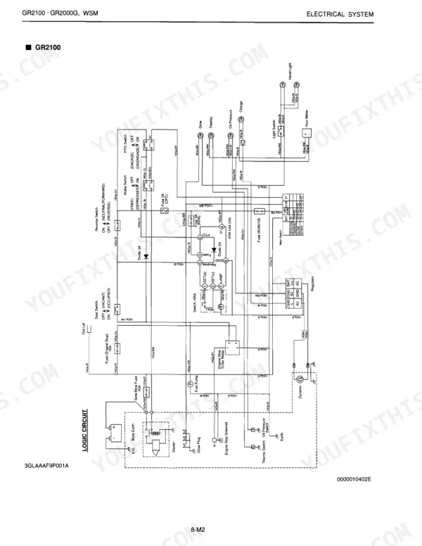 Kubota GR2100, GR2000G electrical system logic circuit wiring diagram showing switches, fuses, and relays.