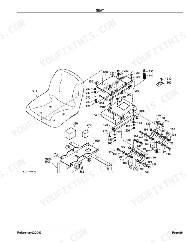 Kubota GR2100 exploded view diagram of the seat assembly, including mounting brackets, springs, and hardware components.