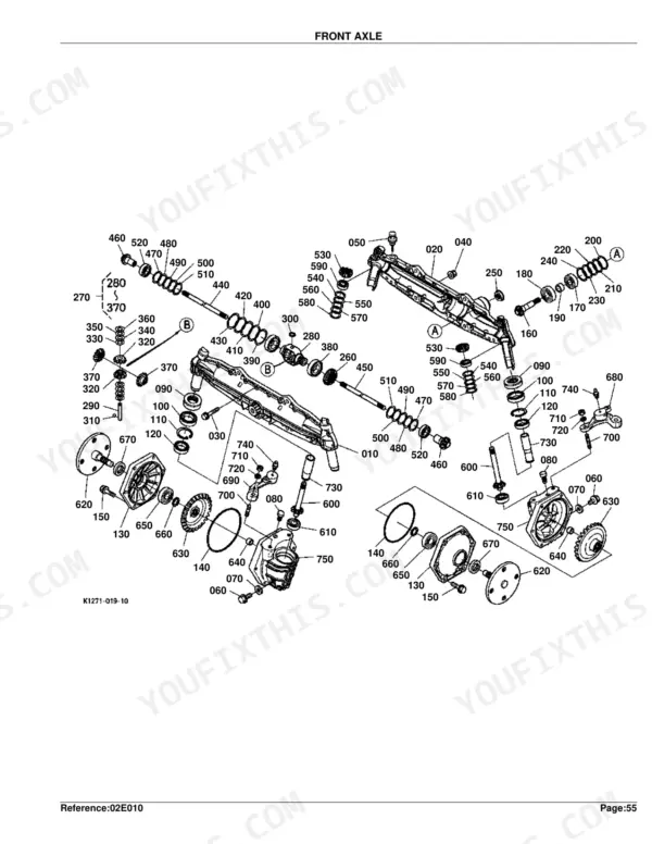 Kubota GR2100 exploded view diagram of the front axle assembly, including gears, bearings, and housing components.
