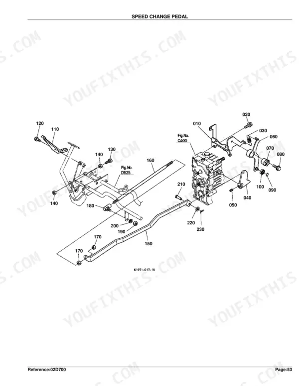 Kubota GR2100 exploded view diagram of the speed change pedal linkage, transmission control, and mounting hardware.