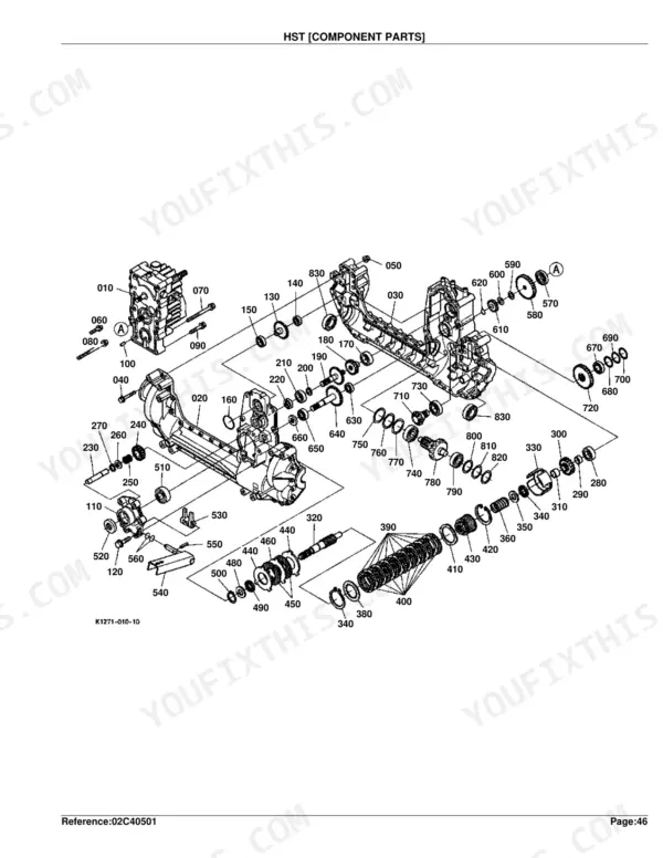 Kubota GR2100 HST transmission exploded view showing internal gears, shafts, bearings, and housing component parts.