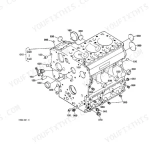 Kubota GR2100 exploded view diagram of the engine crankcase assembly with numbered component parts.