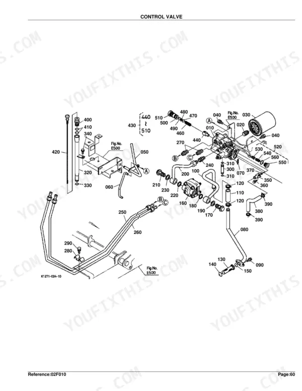 Kubota GR2100 exploded view diagram of the hydraulic control valve, pump, lines, and filter assembly components.