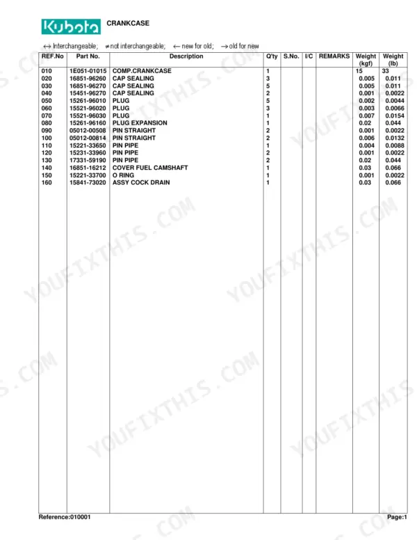 Kubota GR2100 crankcase parts list table with reference numbers, part numbers, descriptions, quantities, and weights.