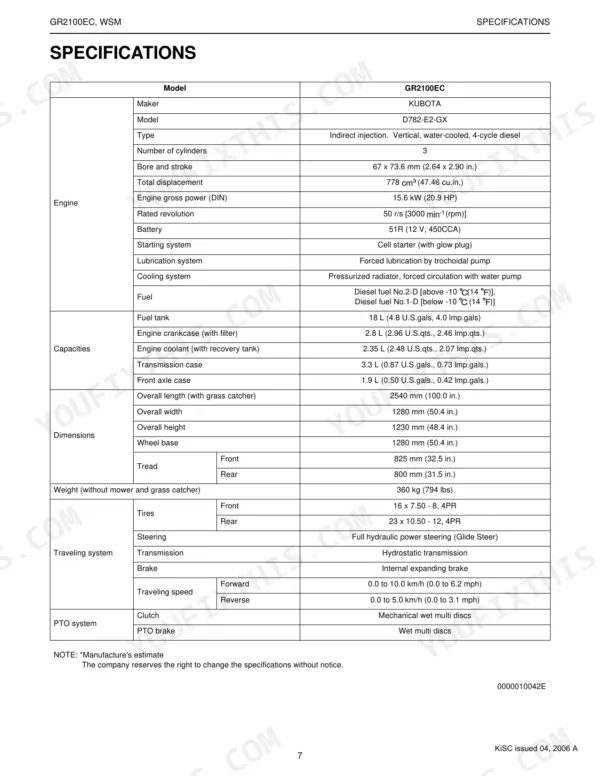 Kubota GR2100EC technical specifications table including engine, capacities, dimensions, and traveling system data.