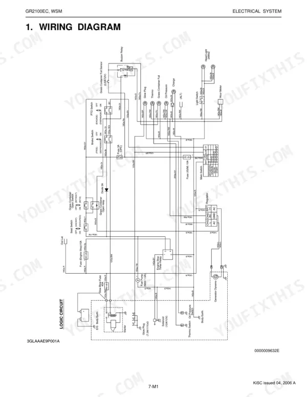 Kubota GR2100EC electrical system wiring diagram showing switches, fuses, relays, and logic circuit connections.