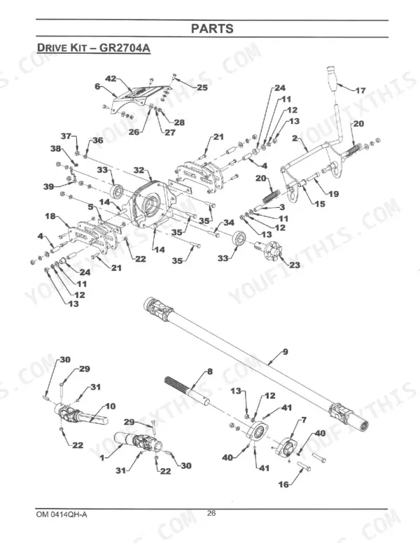 Kubota GR2700B, GR2704A exploded view diagram of the drive kit assembly, including drive shaft, bearings, and linkage.