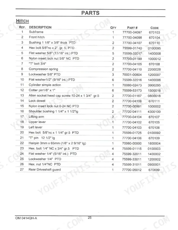 Kubota GR2700B, GR2704A parts list table for hitch assembly, including subframe, front hitch, and hardware components.
