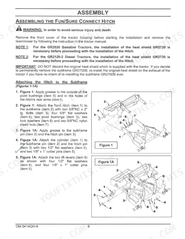 Kubota GR2700B, GR2704A assembly instructions for Fun/Sure Connect Hitch, including diagrams for hitch and subframe.