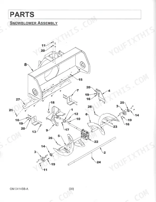 Kubota GR2846A snowblower assembly exploded view diagram showing auger, gearbox, and housing components.