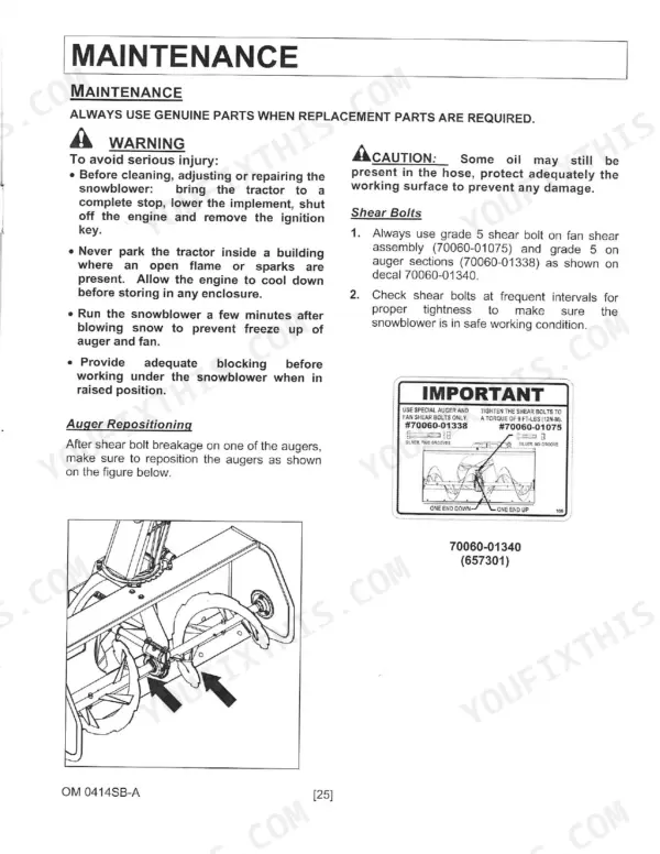 Kubota GR2846A snowblower maintenance guide for shear bolt replacement, auger repositioning, and safety warnings.