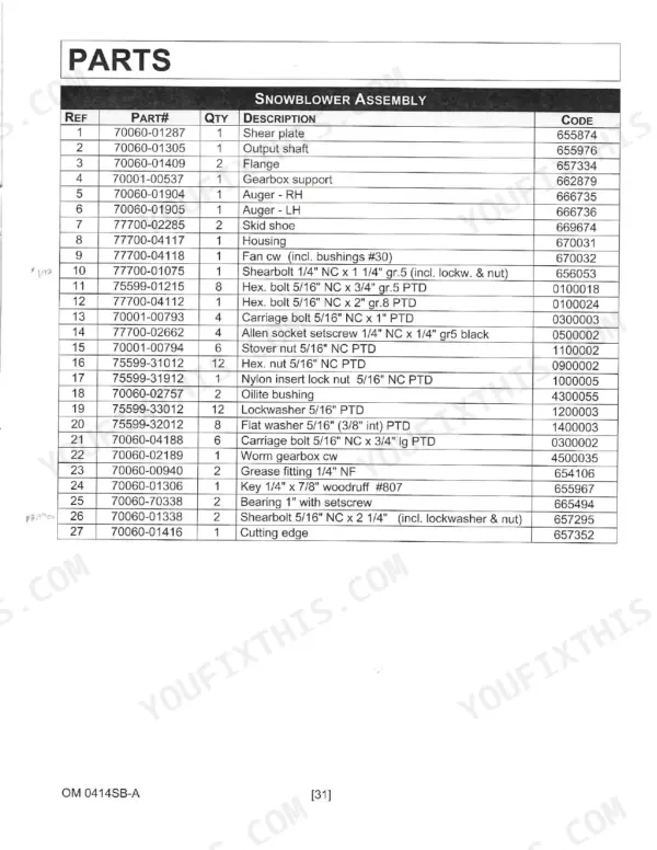 Kubota GR2846A snowblower assembly parts list table including shear plate, auger, gearbox, and hardware reference numbers.